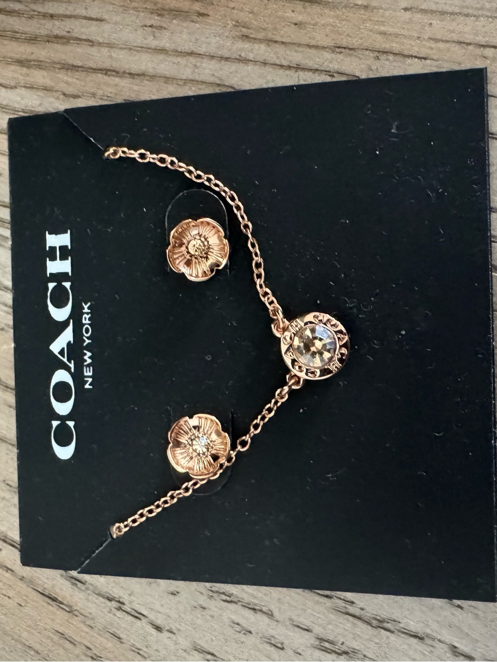 COACH Rose Gold Floral Necklace with Center Crystal